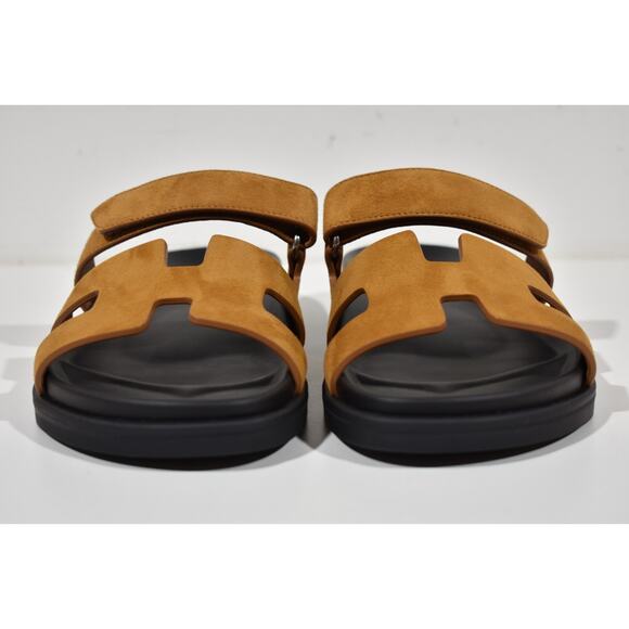 Hermes Chypre Sandal Black Naturel Gold Suede H Logo Strap Slide Slip On Flat 38 - Picture 5 of 10